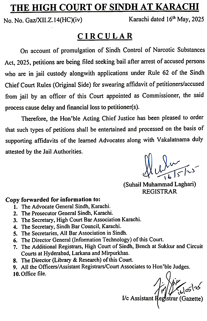 High Court of Sindh Circular regarding Bail After Arrest